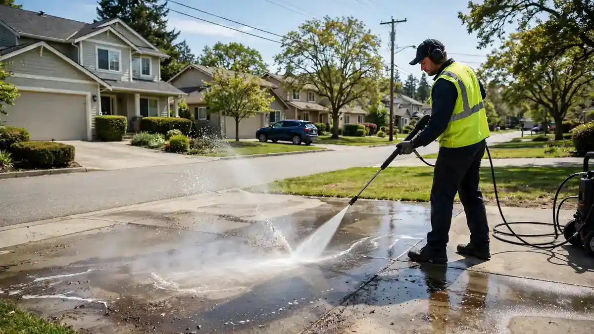 How to start a pressure washing business — professional operator pressure washing a suburban driveway in daylight