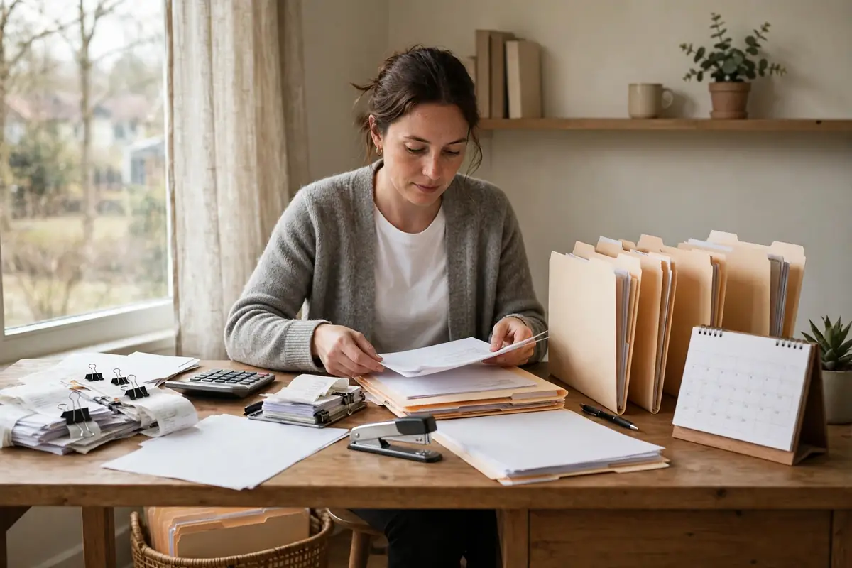 How to pay quarterly estimated taxes — person organizing tax paperwork, folders and calendar on a home office desk
