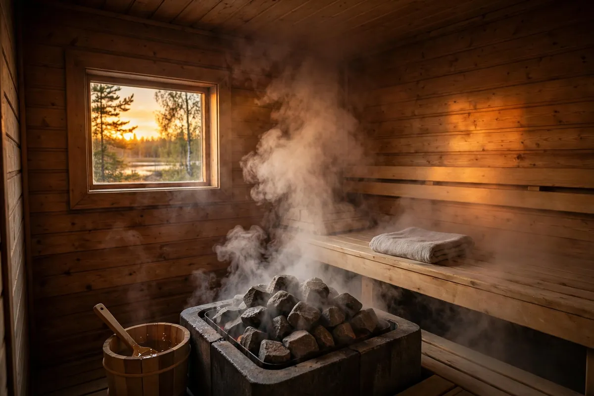 Sauna health benefits — warm wooden Finnish sauna interior with steam rising from hot stones at sunset