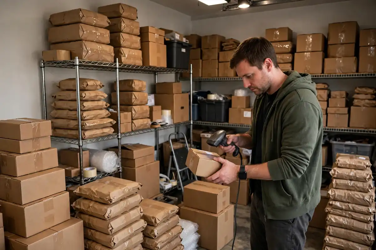 Seller scanning product boxes in a small Amazon warehouse