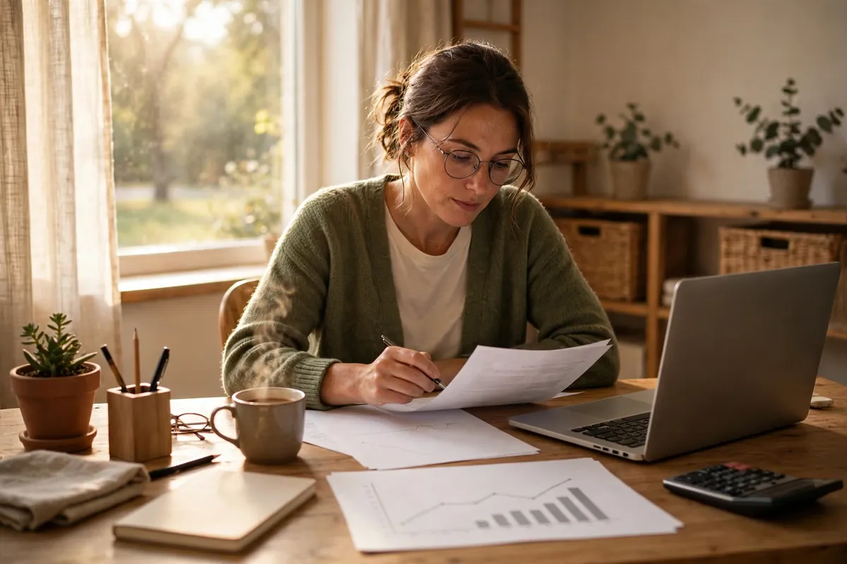 SEP IRA vs Solo 401(k) — self-employed freelancer reviewing retirement savings documents with calculator and laptop