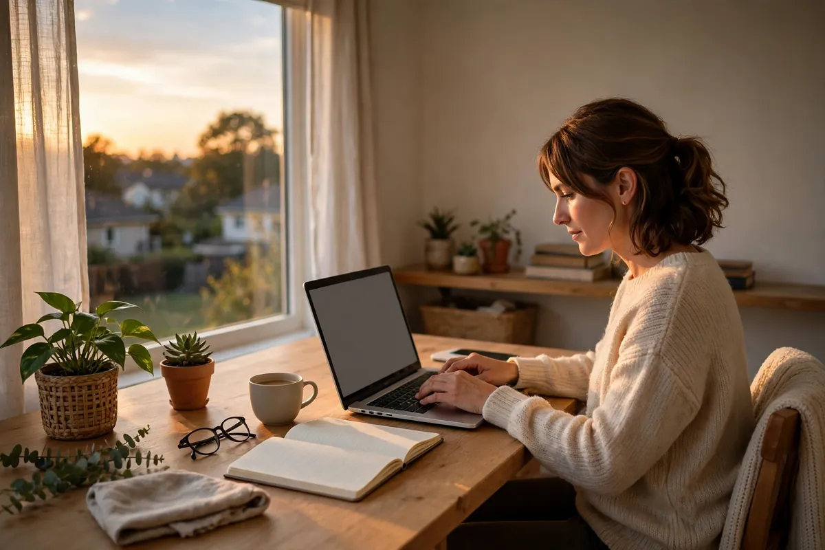 Person working on a laptop at a bright home desk, planning side hustles for extra income