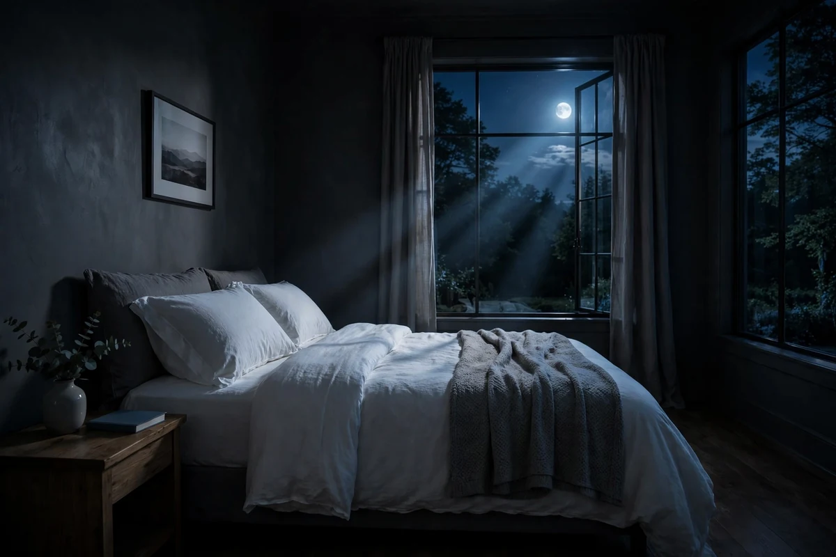 How to sleep better at night — calm dark bedroom with moonlight through the window