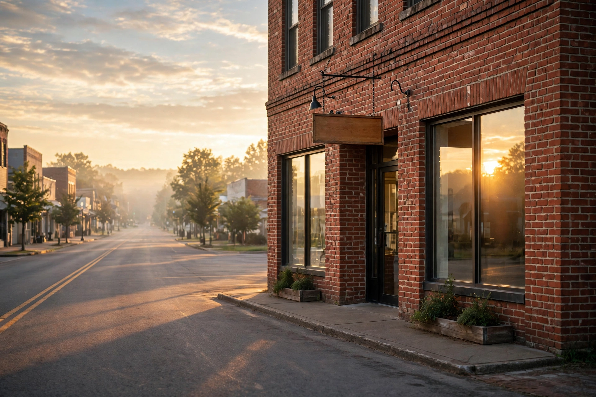 Sole proprietorship vs LLC — small American storefront at sunrise