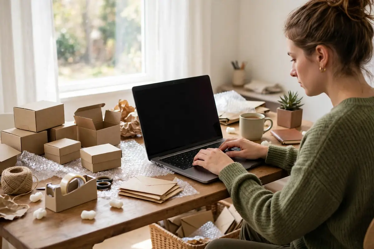 Person starting an online business from a home office laptop