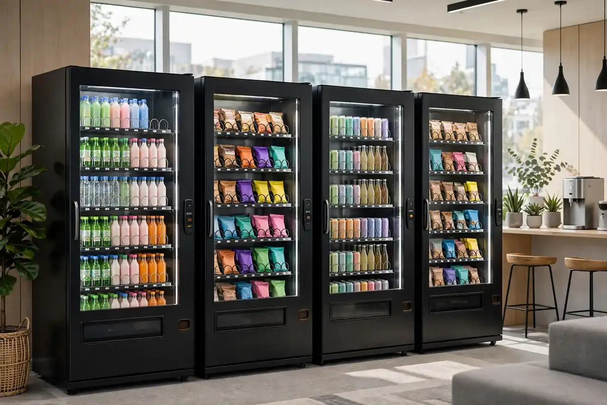 How to start a vending machine business — modern glass-front vending machines stocked with snacks and drinks in an office break room