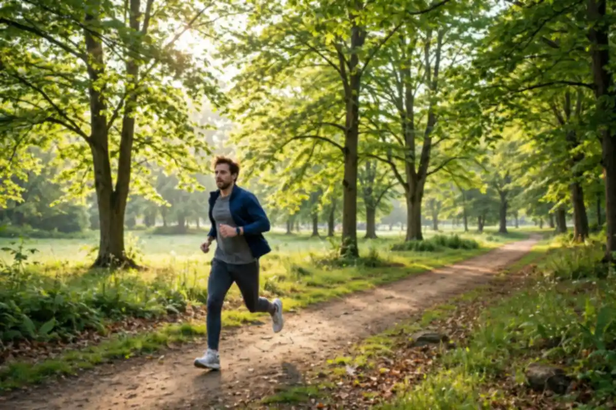 Person walking briskly on a sunny park trail for weight loss