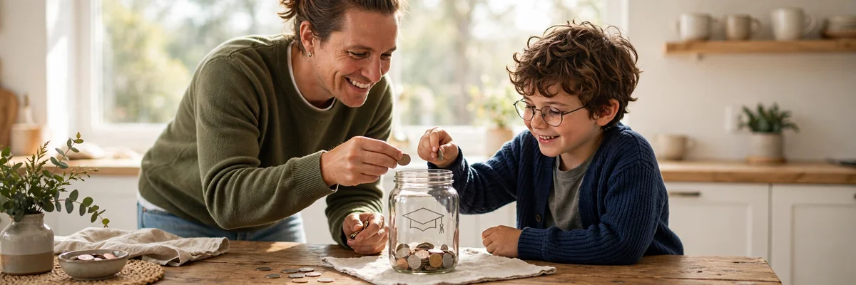 What is a 529 plan — parent and child saving coins in a college savings jar