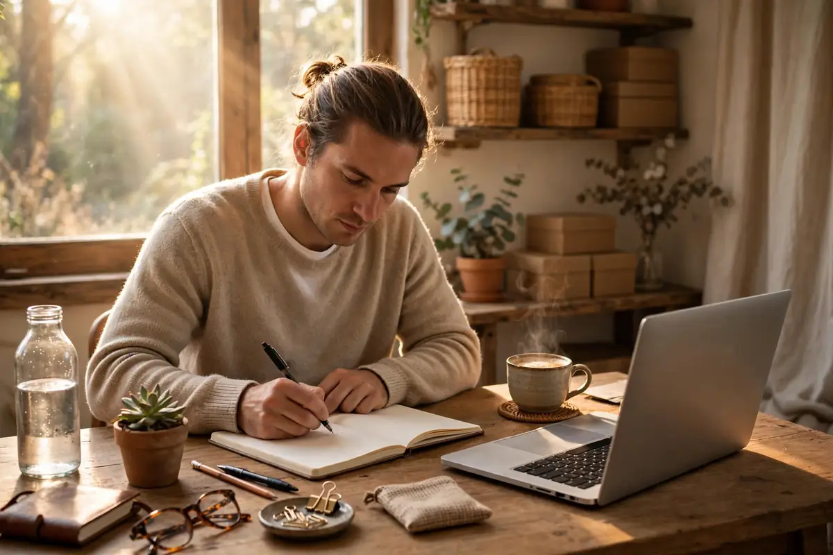How to write a business plan — entrepreneur writing a business plan at a desk with laptop and coffee