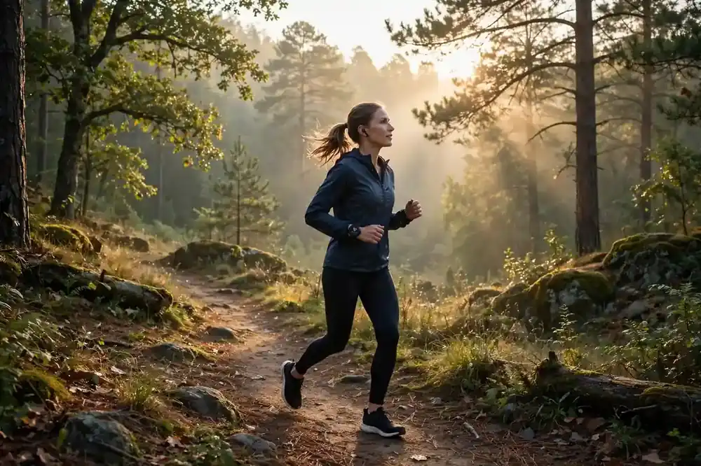 What is Zone 2 cardio — person jogging at easy conversational pace on a scenic trail at sunrise